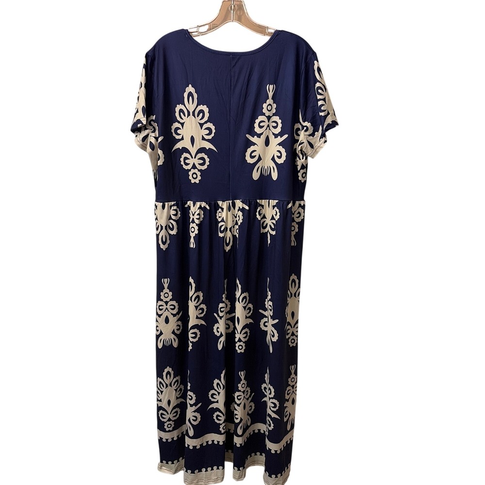 Navy Blue Cream Damask Print V-Neck Empire Waist Maxi‎ Dress Plus Size 1XL - Picture 3 of 5
